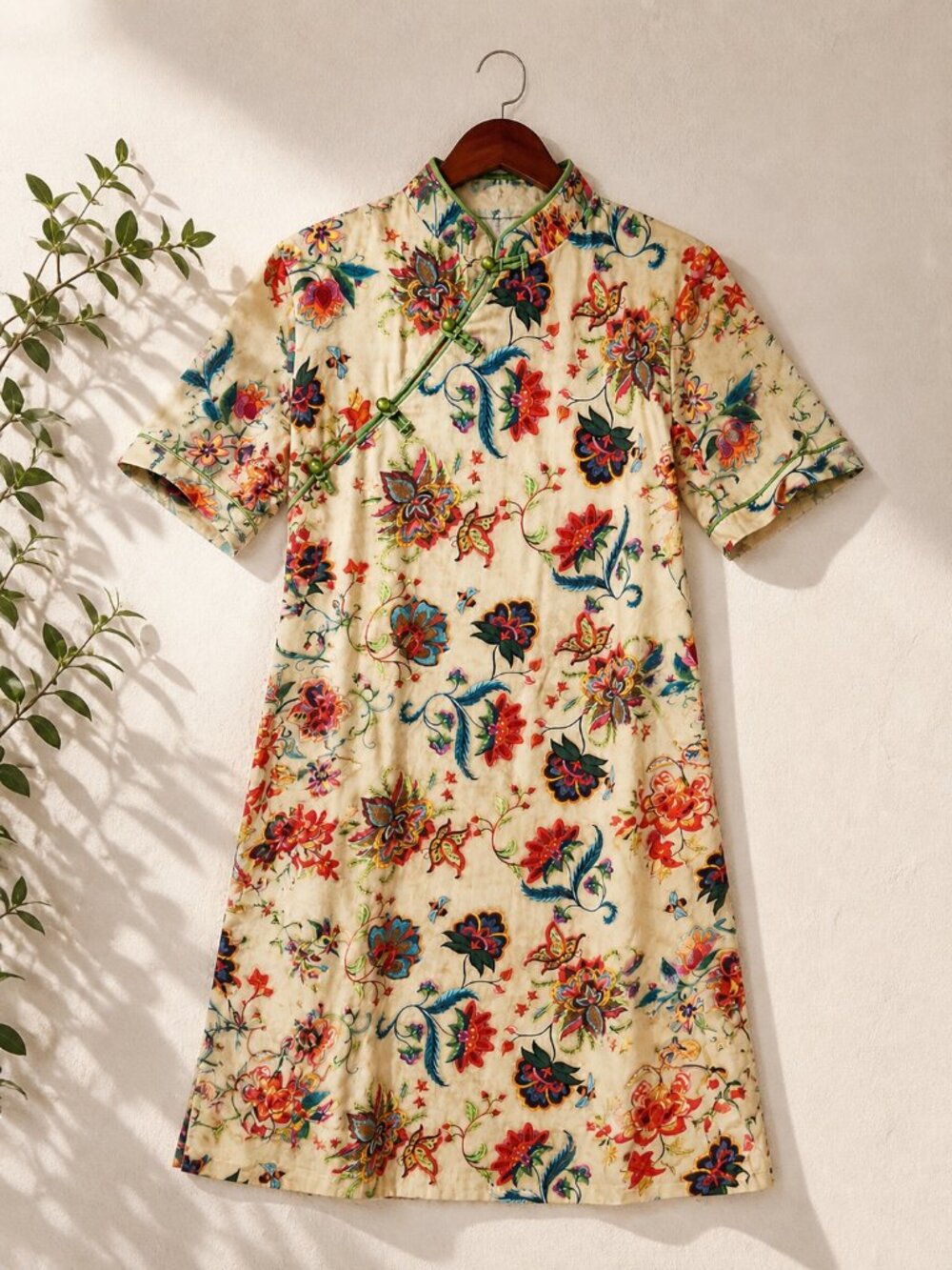 Mandarin Collar Floral Tunic Dress Silky Boho Asian Inspired